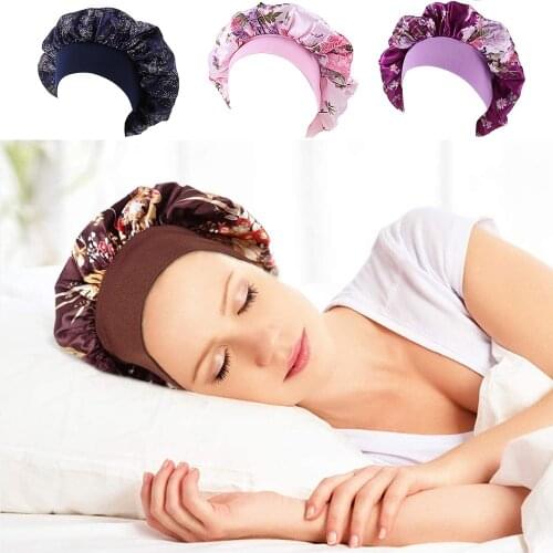 2021 New Soft Satin Bonnet Women Night Sleep Hat Elastic Wide Band Hair Loss Cover Chemo Caps Fashion Head Wrap Beauty Hair Care