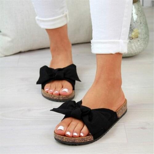 Women Fashion Flats Bow-Knot Cork Beach Slippers Ladies Comfortable Flip Flops Lovers Casual Breathable Slides Black Red Yellow