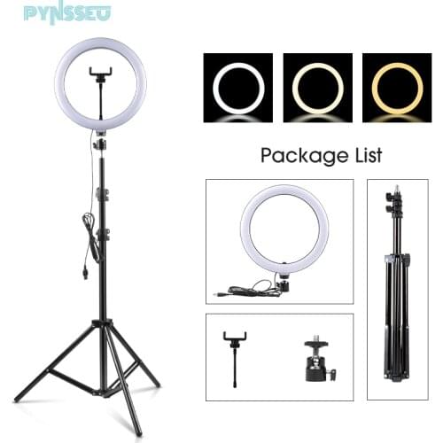 PYNSSEU LED Ring Lamp with Tripod 10 inch Round Selfie Ring Light with 1.1/1.6/2.0M Stand for Youtube Photography Hoop RingLight
