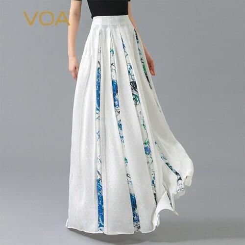 VOA Silk Jacquard Natural Waist Ivory White Woman Skirts Fold Printing Gothic Vertical Crisp Lady Literary Side Pull Skirt CE113