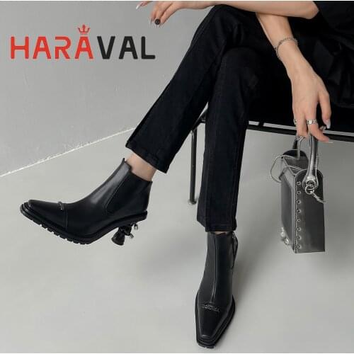 HARAVAL Women Ankle Boots Shoes HIgh Heels Black White Chelsea Boots Spring/Autumn Pointed Toe Fashion Elegant Sexy Shoes E399L