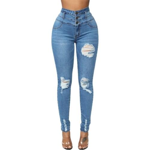 Womens Juniors High Waist Jeans Butt Lift 3 Button Slim Fit Skinny Denim Pants with Ripped Holes