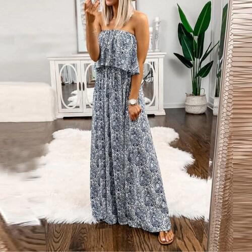 Summer Vintage Floral Print Ruffles Maxi Dress Women Bohimian Beach Strapless Long Dress Casual Pleated Dresses Robe