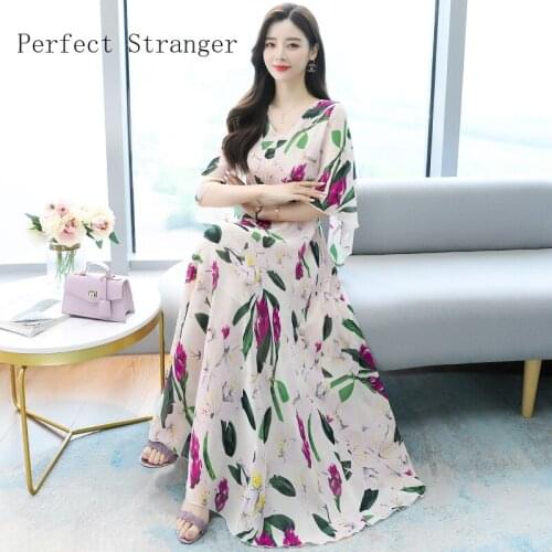 High Quality 2021 Summer Dress For Women V Collar Floral Printed Bat Sleeve Women Chiffon Long Dress High Quality