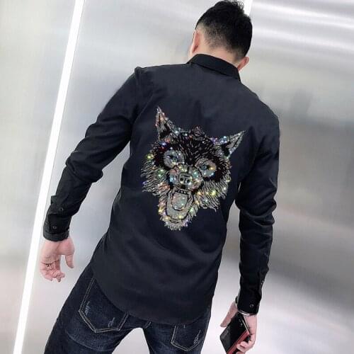 Leopard Style Spring Mens T-Shirt Rhinestone Simple Hot Diamond Long Sleeve Lapel Trend Youth