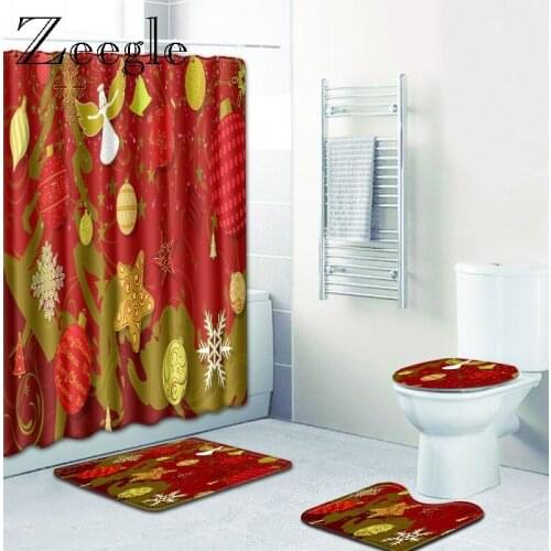 Zeegle Christmas 4pcs Bath Mat Set Shower Curtain Toilet Cover Seat Mat Non-slip Bathroom Doormat Shower Mat Absorption Foot Rug