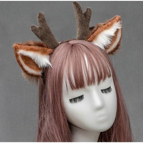 Faux Fur Ears Plush Antler Headband Lovely Reindeer Animal Hair Hoop Holiday Party Christmas Cosplay Costume Hair Accessories