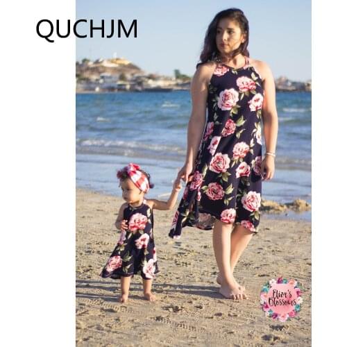 Family Matching Mother and daughter sleeveless hanging neck print flowers dress Family Clothing Sets Parent-Child Mom daughter
