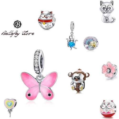 Bellafay Customed Real 925 Silver Monkey Charms Butterfly Pendants Octopus Bead Fits Original Bracelet Bangles Cute DIY Jewelry