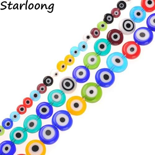 Color Mixed Round Flat Evil Eye Beads 15" inch Loose Strand Lampwork Glazed Glass Beads for Bracelet Necklace DIY Jewelry Making
