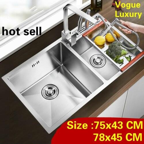 Free shipping Apartment durable 304 stainless steel luxury kitchen manual sink double groove 75x43/78x45 CM