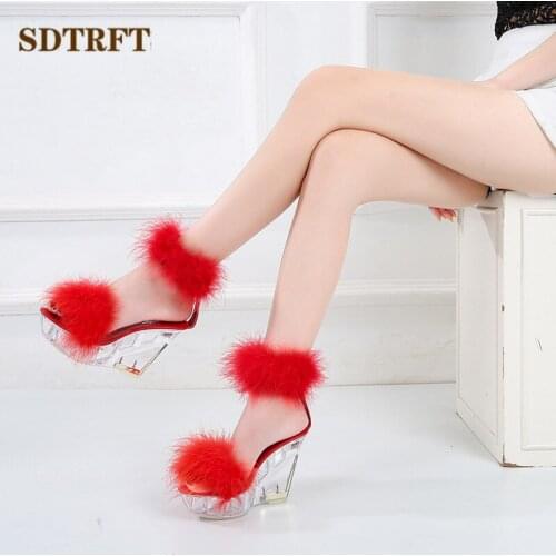 SDTFET Girls 10cm High Heel Shoes PVC Crystal Wedges Sandals For Women Sandalia Feminina Artificial Fur Ankle Strap RED Pumps
