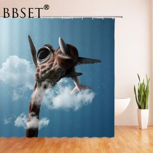 Cartoon Animals Shower Curtain Blue Sky Cute Funny Giraffe Aircraft Pattern Waterproof Multi-size Douchegordijn Bathroom Decor