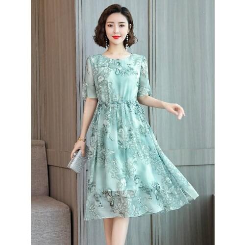 Female High Waist Dress Womens Summer Dress 100% Real Silk Boho Dresses Ladies Midi Dress Elegant Woman Dress Robe Zjt2669