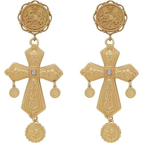 Gold Color Long Drop Big Cross Earring Vintage Pendant Dangle Earrings for Women Fashion Rhinestone Retro Jewelry