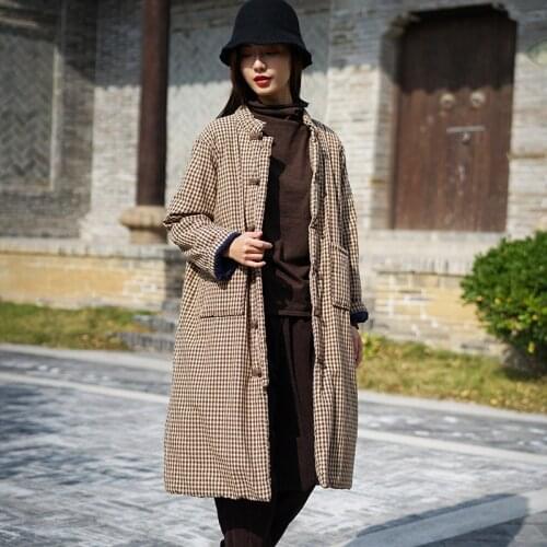 Women winter Plaid Stand Collar Chinese Style Long Parkas Padded Coat Female Thick Vintage Coat Outerwear Ladies Warm Coat 2019