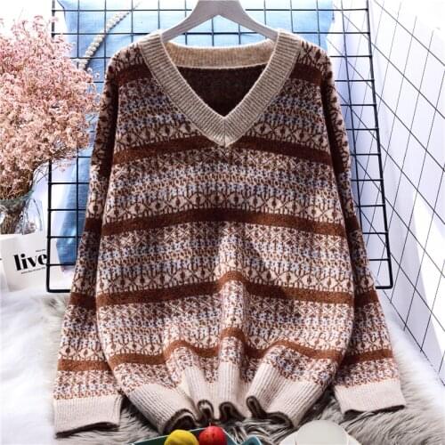 Retro Sweater Womens Pullover Loose Lazy Style 2021 New Versatile Long Sleeve V-neck Knitted Top