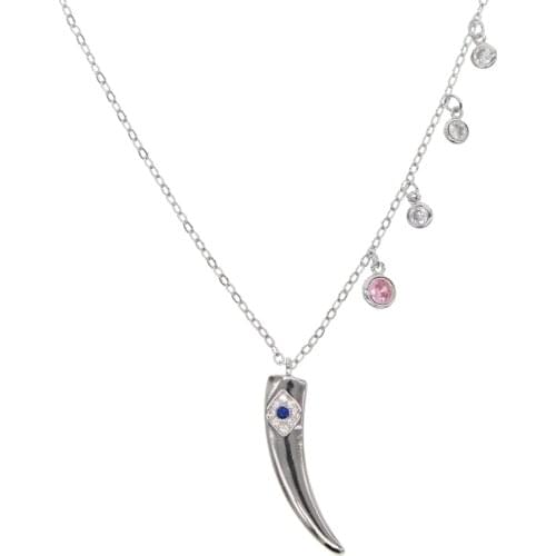 Silver Color Curved Cresent Horn Pendant Necklaces Women eye blue cz Gothic Necklace 41+5cm chain Collier femme Jewelry