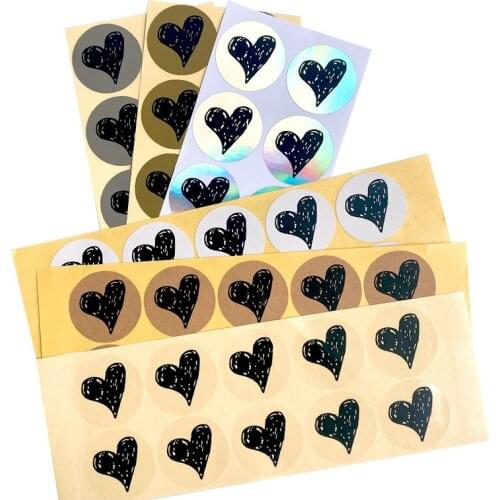 100Pcs 35MM laser Round Heart Black hand painted LOVE Stickers transparent white sealing sticker diy cowhide foil gold silver