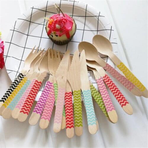 12Pcs/Pack Disposable Wooden Cutlery Picnic Wedding Party Tableware Wavy Printed Forks/ Spoon/ Knife Dinnerware Set Colorful