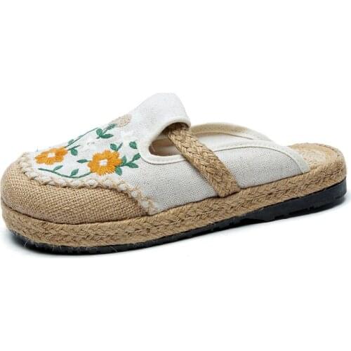 2021 Summer Linen Slippers Women Casual Linen Knitted Handmade Mules Slippers Retro Vegan Summer Ladies Canvas Comfortable Shoes