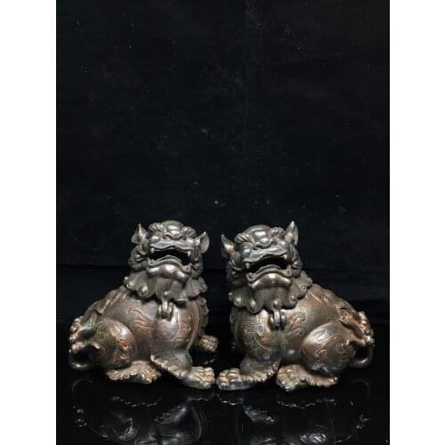 7"Tibet Buddhism Temple Old Bronze Cinnabars Lion statue incense burner A pair Disassemble Gatekeeper lion Ward off evil spirits
