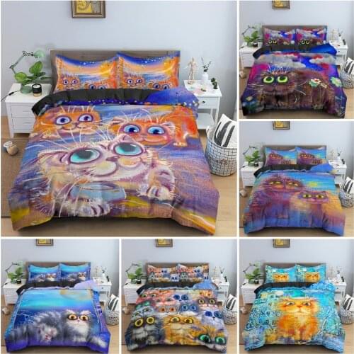 Colored Cartoon Cat Pattern Bedding Set Luxury Quilt Cover 2/3PCS Abstract Watercolor Bedclothes With Pillowcase King Queen