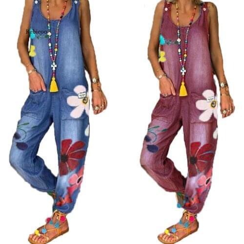 Women Plus Size Jumpsuits Casual Loose Floral Print Blue Jeans Jumpsuit Woman Fashion Spaghetti Strap Denim Overalls