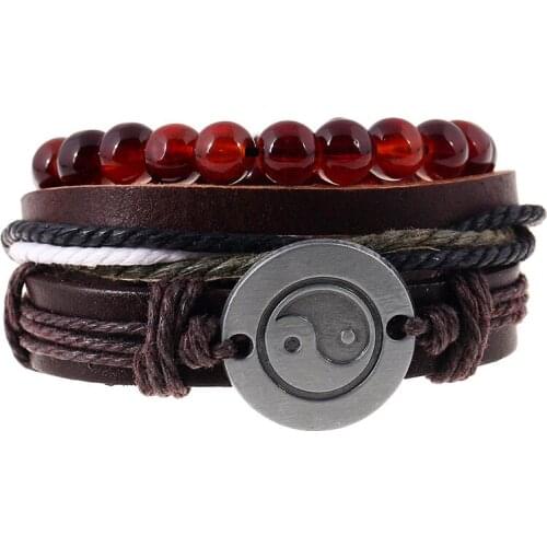 Ethnic Ying Yang Antique Charms Leather Bracelets Wholesale Male Red Stone Beads Strand Bracelet Set Women Jewelry String