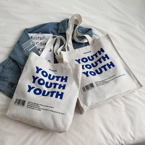 Women Canvas YOUTH Letters Print Shopping Bag Female Cotton Cloth Shoulder Bag Eco Handbag Tote Reusable Grocery Shopper Bags