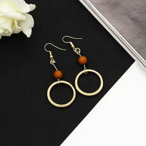 Round Wood Beads Drop Earrings Gold Color Circle Earring Hollow Long Statement Charm Dangle Eardrop Woman Girls Fashion Jewelry