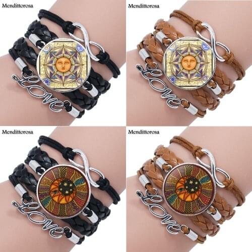Mendittorosa Sun and Moon Glass Cabochon Multilayer Black/Brown Leather Bracelet Bangle For Women Wholesale Time Stone Jewelry