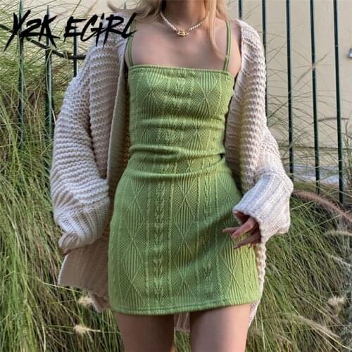 Y2K EGIRL Sweet Vintage Green Knitted Mini Dresses Y2K Fashion Twist Bodycon Spaghetti Strap A-line Cami Dress Retro Outfit Slim
