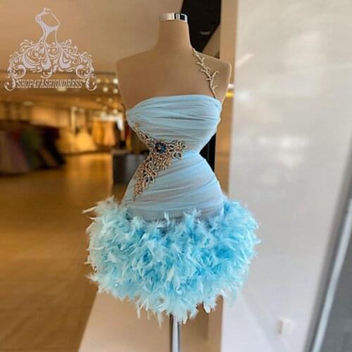 Trendy Sky Blue Tulle Feather Cocktail Dress Sexy See Thru Beading Flowers Homecoming Dresses Luxury Crystals Cocktails Gowns