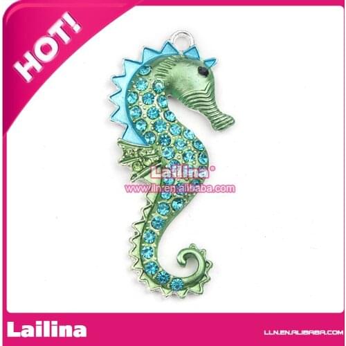 Fashion Silver Plated Green Crystal Rhinestone Sea Horse Pendant Pop Charms Bead Necklace Making, Kawaii Rhinestone Pendant ZTQ1