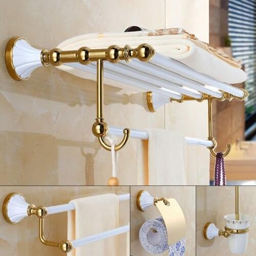 Bathroom Accessories Set 304 Stainless Steel Towel Rack Corner Shelf Tissue Holder Towel Bar Bath Hardware White & Gold