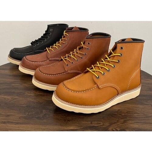 Yomior New Handmade Vintage Men Shoes Cow Leather Round Toe Ankle Boots Wings Goodyear-Welted Tooling British Motorcycle Boots