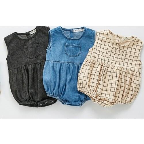 Pure Color Plaid Baby Girl Boy Cowboy Summer 2021 Romper Infant Bodysuit Girls Casual Branded Clothing Ins Style Clothes