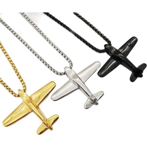 New Hip hop fashion popular stainless steel plane pendant necklaces airplane pendants necklace with popcorn chain CARA0128