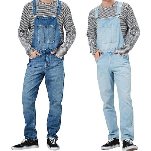 Casual Straight Overalls Mens Fashion Solid Color High Waist Fitting Cargo Style Suspender Jeans with Pockets 2021 Newest
