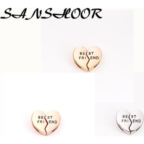 SANSHOOR BFF Heart Best Friend Keeper Slide Charms fit Key Chains Leather Wrap Mesh Bracelet Bangle For Women Gifts 3pcs/lot