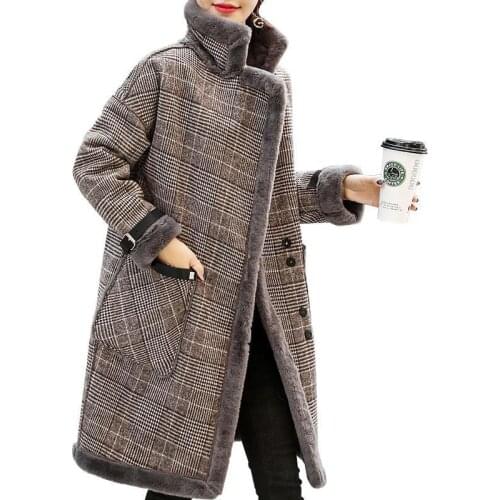 Woolen Outerwear Winter Plus Velvet Lapel Lambswool Women Woolen Coat Medium long Plaid Casual Warm Womens Woolen Coat JK289