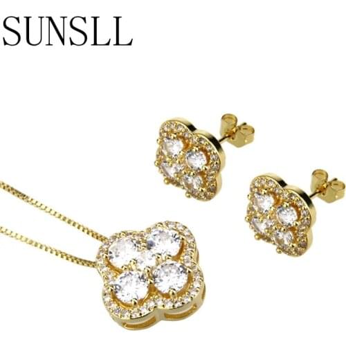SUNSLL Hot Selling Hollow Squart Shape Gold/Silver Color Copper White Cubic Zirconia Pendant Necklace Earrings Women Jewelry Set