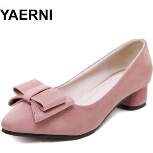 YAERNI Spring 5cm pointed toe shoes woman scrub velvet low-heeled Bowtie zapatos mujer shallow mouth sweet pump small yards33-41