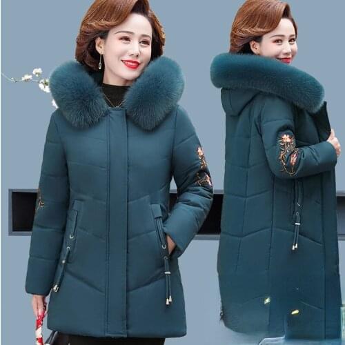 Women 2021 Winter New Fur Collar Hooded Parkas Female Long Down Cotton Overcoats Ladies Middle Aged Thick Warm Jackets U499
