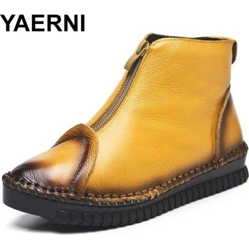 YAERNI 2021 Autumn Winter Front Zipper Women Snow Boots Handmade Genuine Leather Flat Ankle Boots For Women Winter Warm Shoes