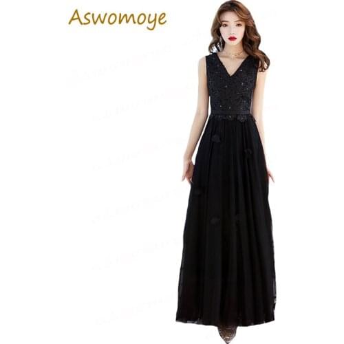 Female Evening Dresses Elegant Birthday Party Black Dress 2019 Sexy V-neck Appliques Beaded Prom Formal Dresses Haute Couture