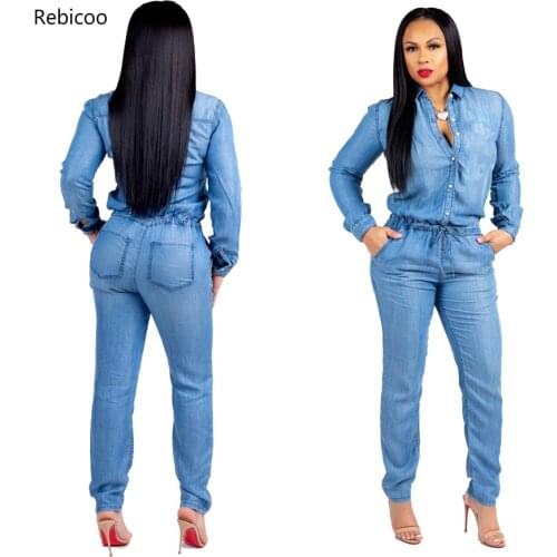 Womens Fashion Long Jeans Jumpsuits Overalls For Woman Autumn Bandage Slim Denim One Piece Pants Plus Size Drop Shipping