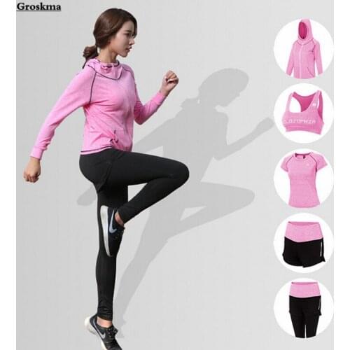 Hot sale women 5PCS set yoga bra+t shirt+coats+high waist pants+shorts quick dry outdoor running sportswear clothing fitness gym