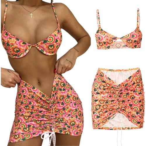 2 Pieces Swimwear Set Female Flower Print Spaghetti Strap Bikini Tops+ Package Hip Skirt with Drawstring Summer Swimsuit